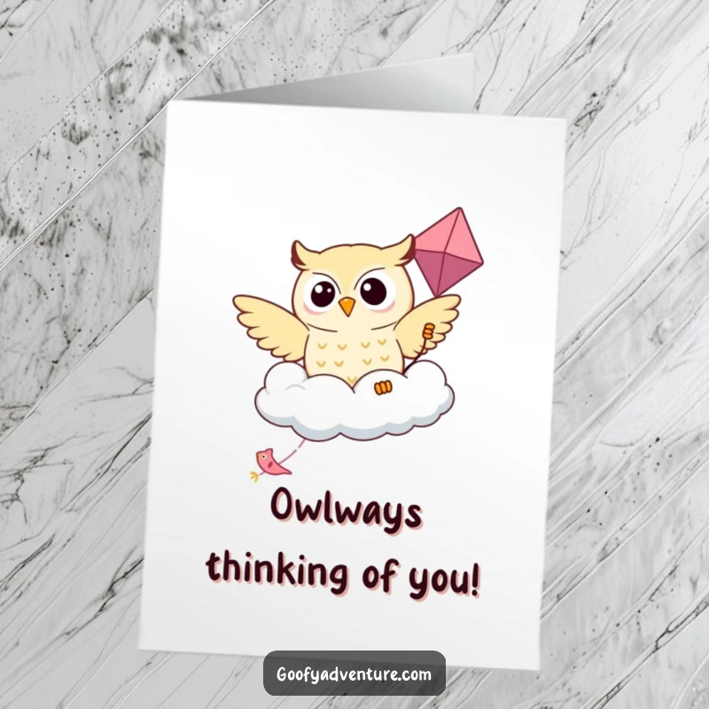 Funny Free Printable Birthday Card: Kawaii owl bravely flying on a kite shaped like a smiling, fluffy cloud, celebrating joy.
