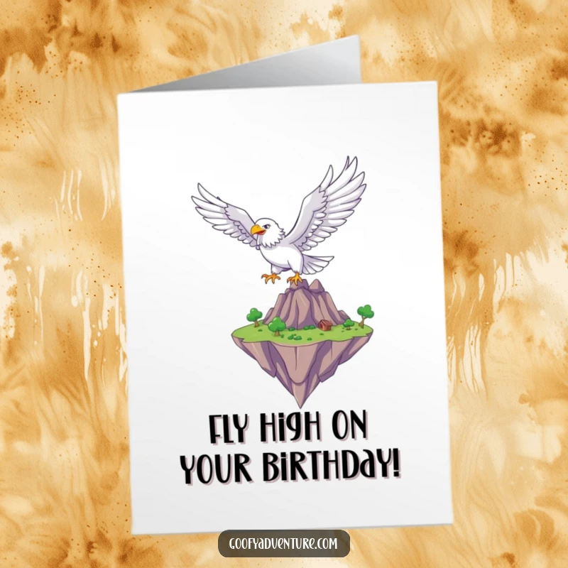 Funny Free Printable Birthday Card: Soaring eagle character flying over a magical floating island, full of birthday wonder.
