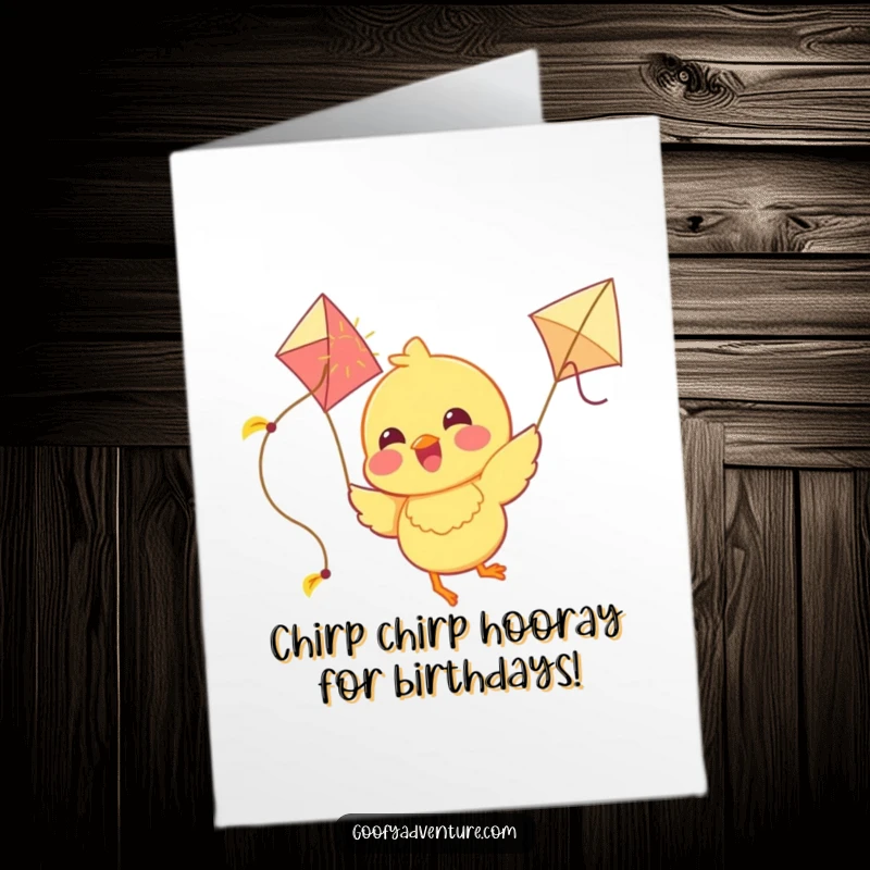 Funny Free Printable Birthday Card: A joyous chick character happily flies high holding a kite crafted from bright, beaming sunshine.