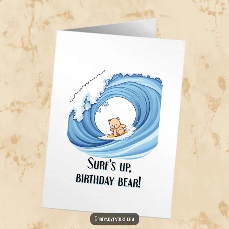 Funny Free Printable Birthday Card: Cute bear cub bravely attempting to surf a giant, splashing wave, perfect for birthdays.