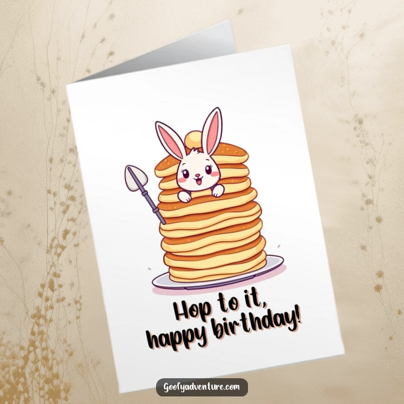 Funny Free Printable Bunny Birthday Card: Brave bunny scaling a colossal, wobbly pancake stack, bringing breakfast humor.
