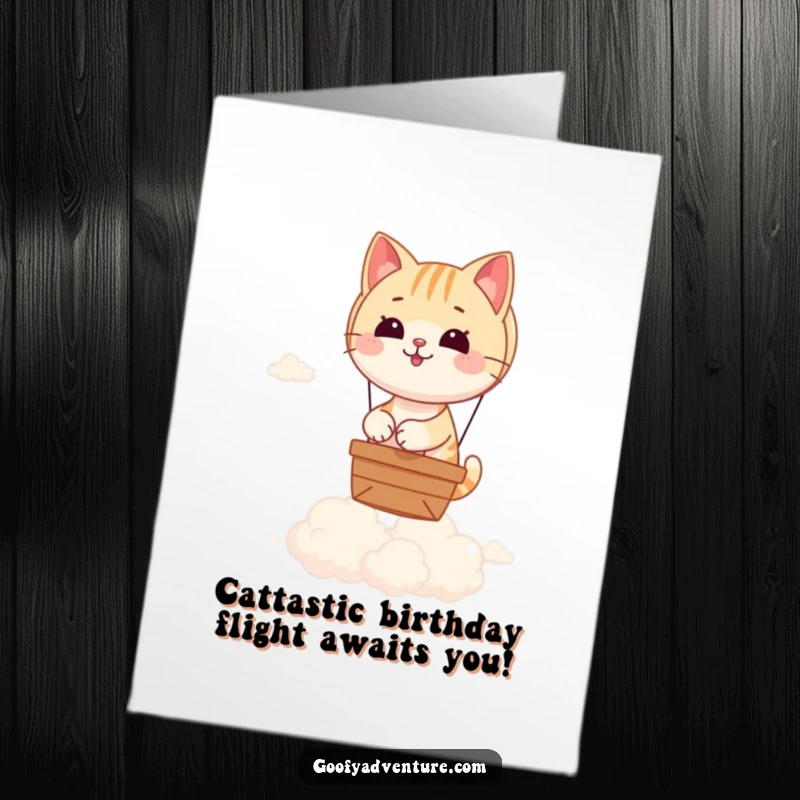 Funny Free Printable Cat pilot steering a tiny hot air balloon over fluffy clouds, celebrating a birthday.