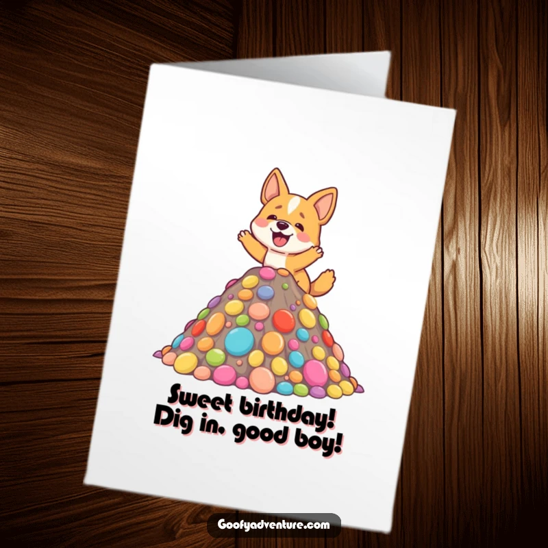 Funny Free Printable Dog joyfully climbing a mountain of colorful candy, celebrating a happy birthday.