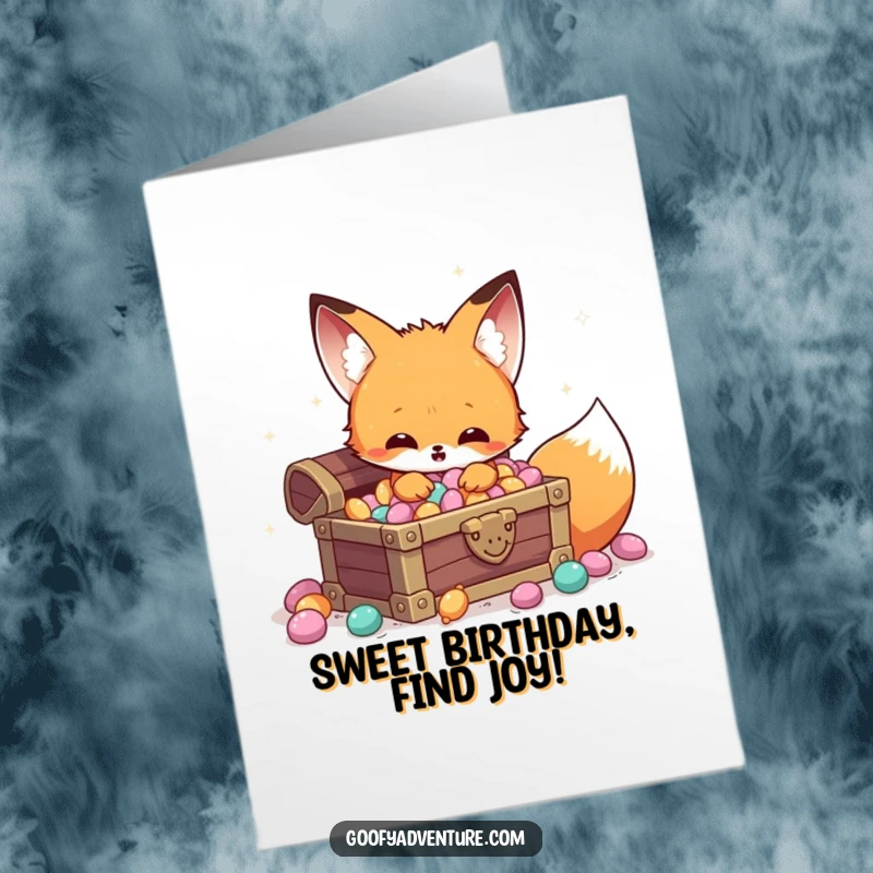 Funny Free Printable Birthday Card: Kawaii fox finding a treasure chest overflowing with sparkling candy, a delightful surprise.