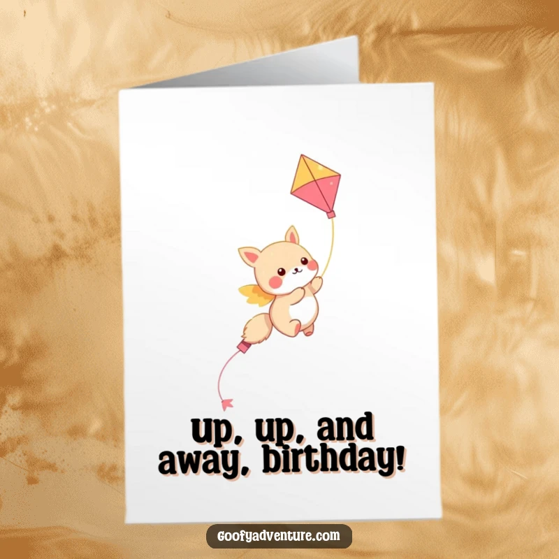 Funny Free Printable Birthday Card: Kawaii animal gleefully riding a colorful kite high in the sky, a joyful downloadable design.