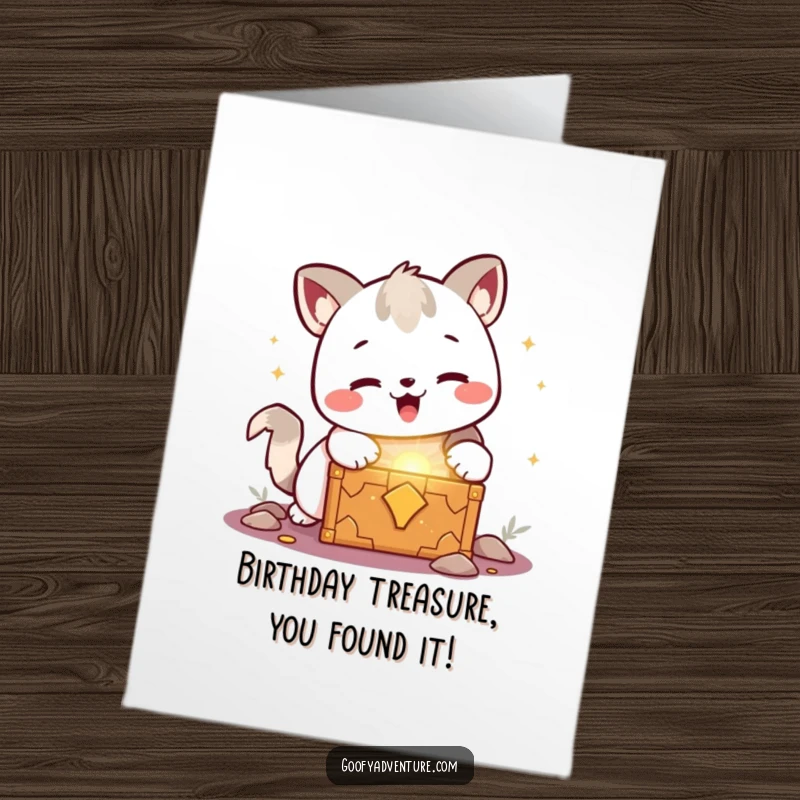 Funny Free Printable Birthday Card: Kawaii animal with wide eyes discovering a glowing treasure chest, a delightful downloadable design.