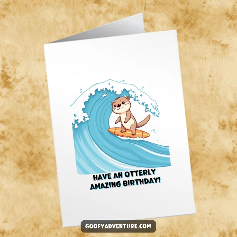 Funny Free Printable Otter Surfing a Giant Wave Birthday Card, happy and balanced, ready for celebration.