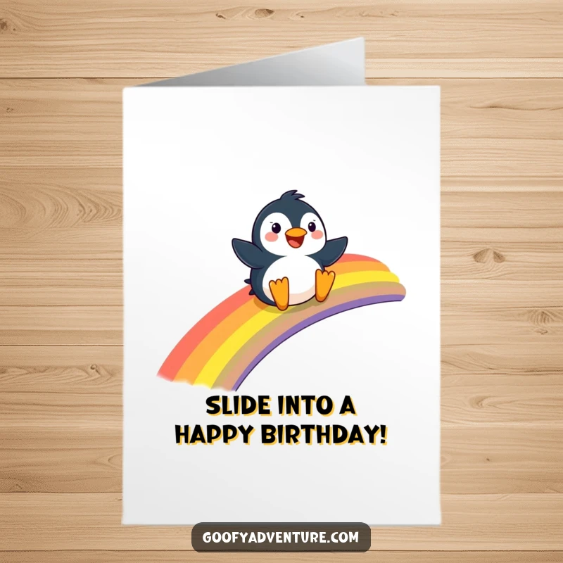 Funny Free Printable Penguin Birthday Card: Happy penguin joyfully sliding down a giant rainbow, spreading birthday cheer.