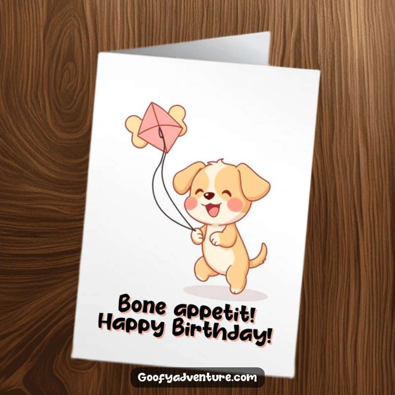 Funny Free Printable Birthday Card: Joyful puppy joyfully chases a kite shaped like a comically oversized bone.