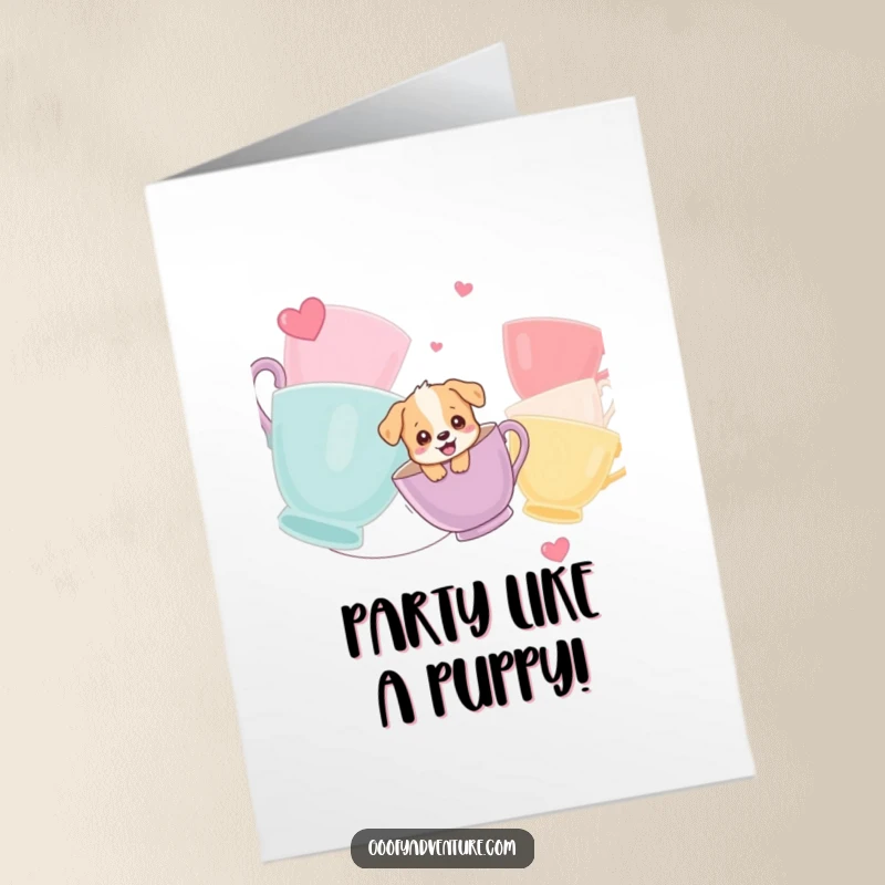 Funny Free Printable Birthday Card: Giggling puppy joyfully ziplining between oversized, vibrant teacups.