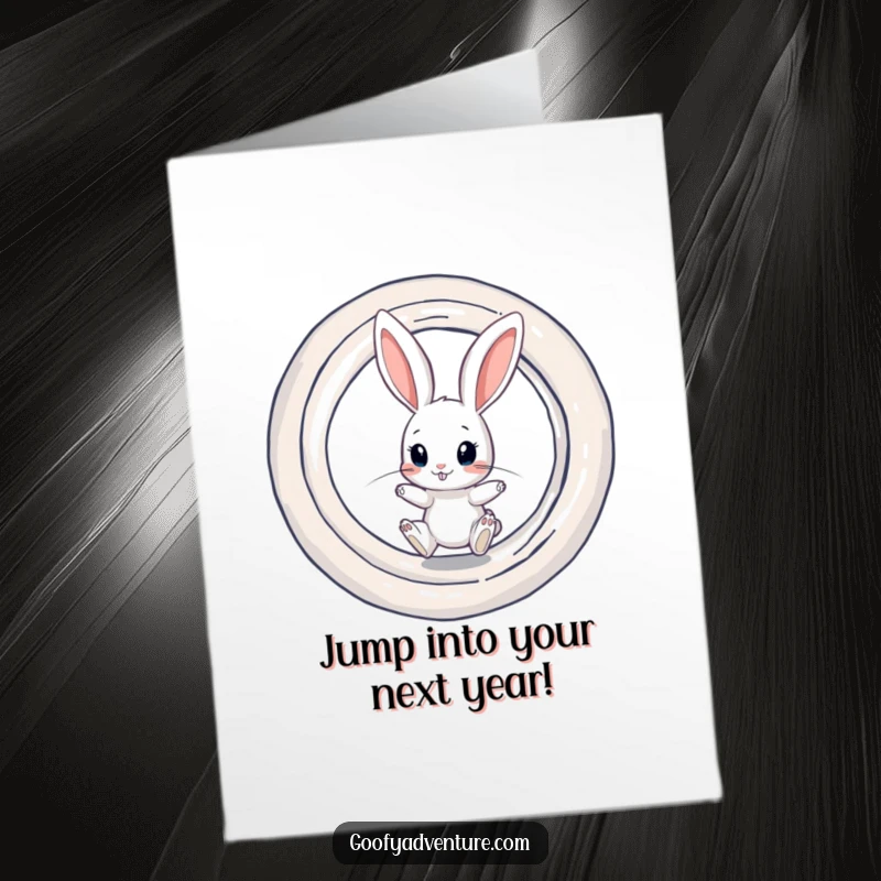 Funny Free Printable Curious Rabbit Jumping into a Swirling Portal Birthday Card, full of anticipation and wonder.