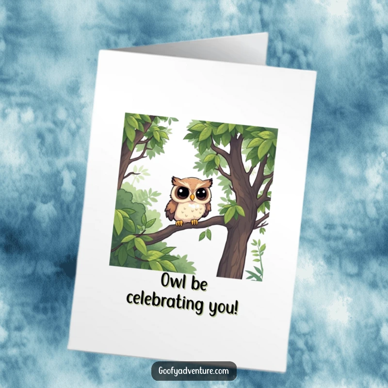 Funny Free Printable Owl Birthday Card: A determined owl in a jungle of giant leaves, ready to party. Downloadable gift.