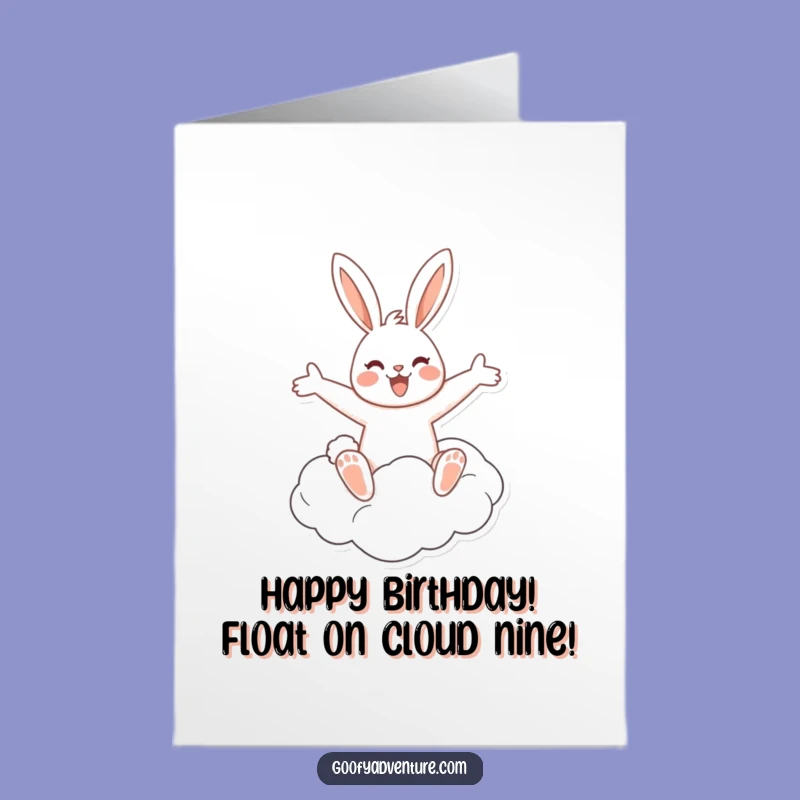Free Printable Birthday Card: Sky-High Rabbit, Joyful Cloud Ride, Funny Downloadable Gift for Dreamers!