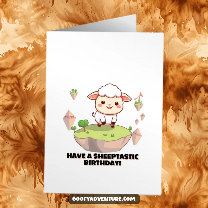 Funny Free Printable Sheep Birthday Card: A smiling sheep joyfully explores a whimsical land filled with floating islands. Downloadable gift.