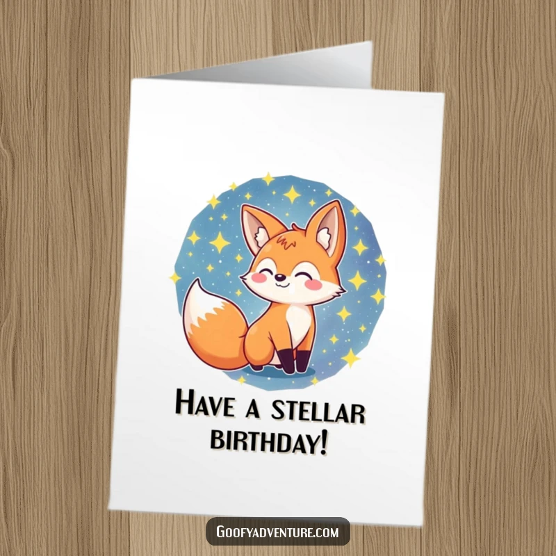 Funny Free Printable Birthday Card: A cheerful fox explores a swirling galaxy of stars, wishing someone a stellar birthday.
