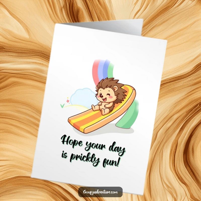 Funny Free Printable Hedgehog Birthday Card: A happy hedgehog playfully slides down a vibrant rainbow slide. Downloadable gift.