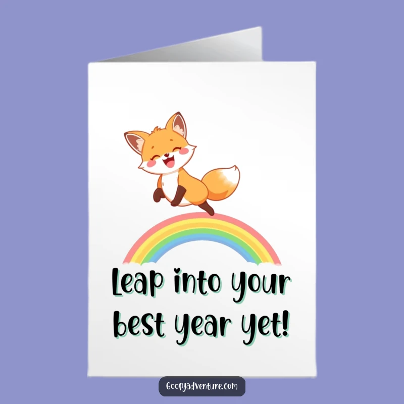 Free Printable Birthday Card: Joyful Fox Leaping Rainbow, Whimsical Downloadable Gift for a Bright Day!