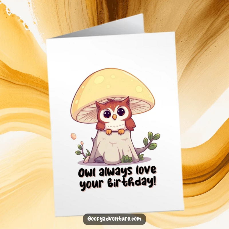 Funny Free Printable Owl peeking from behind a giant glowing mushroom, celebrating a birthday.