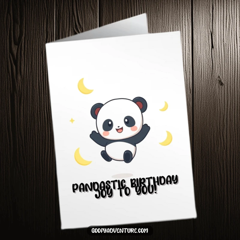 Funny free printable birthday card: smiling panda character joyfully jumping between crescent moons.
