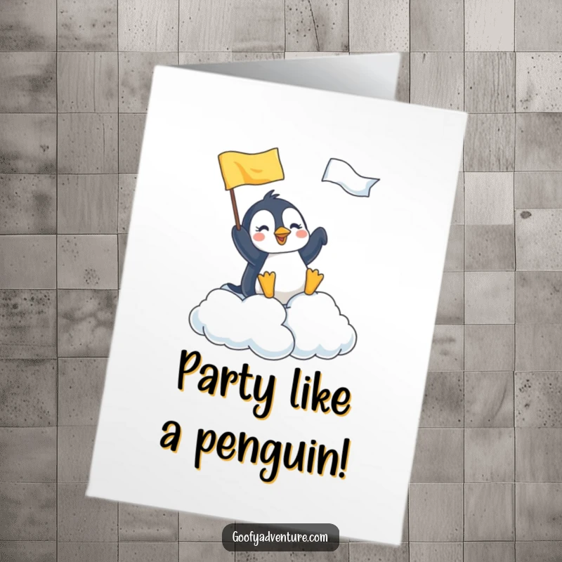 Funny Free Printable Penguin Birthday Card: A joyful penguin triumphantly plants a flag atop a fluffy cloud. Downloadable gift.