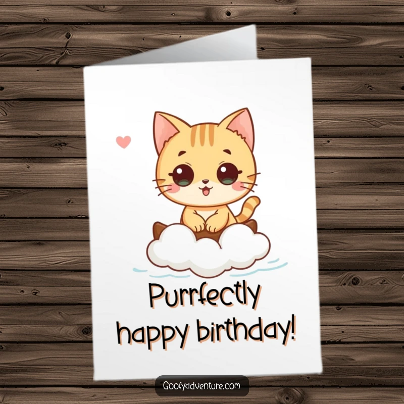 Funny Free Printable Birthday Card: A curious cat sails on a tiny cloud boat, drifting through the sky with peaceful birthday wishes.