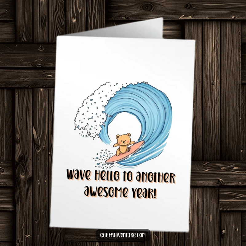 Funny Free Printable Birthday Card: Cute bear cub wipeout on a giant surf wave, perfect for a laugh.