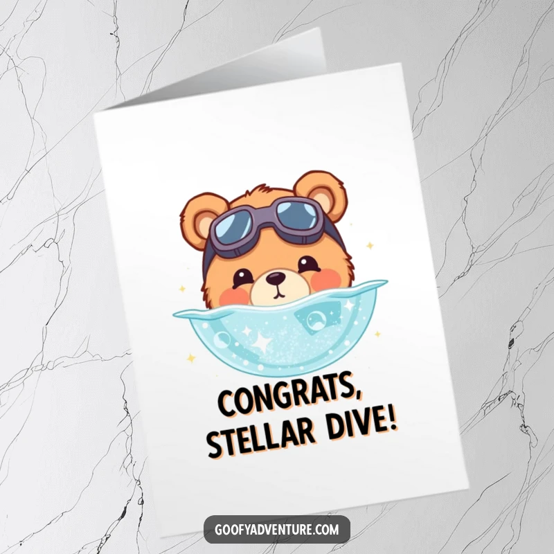 Funny Free Printable Congrats Card: Bear wearing goggles dives into shimmering stardust, celebrating success