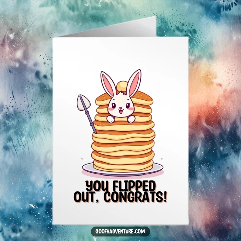 Funny Free Printable Bunny Congrats Card: Brave bunny climbing pancakes, celebrating success with delicious humor.
