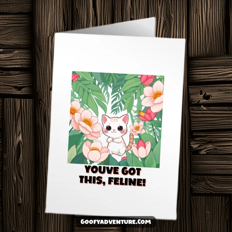 Funny Free Printable Congratulations Card: Cat bravely navigating a lush jungle filled with giant, colorful flowers.