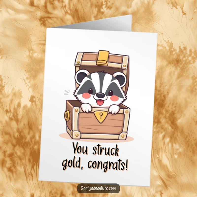 Free Printable Congratulations Card: Smiling badger in treasure chest, celebrating success, jackpot, funny gift, DIY.