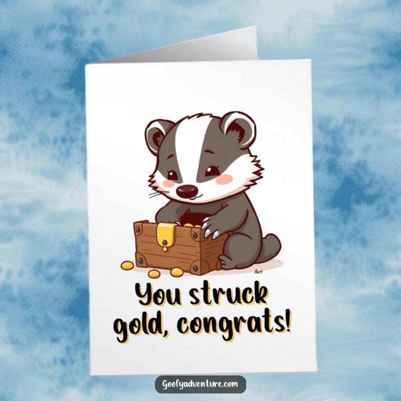 Funny Free Printable Congrats Card: A clever badger character has unearthed a hidden treasure chest, symbolizing a great find.