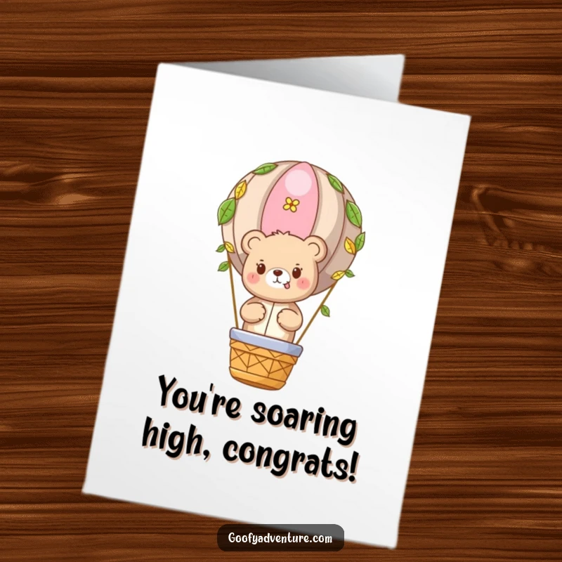 Funny Free Printable Congratulations Card: Cute bear character in a hot air balloon with leaves, celebrating an achievement.