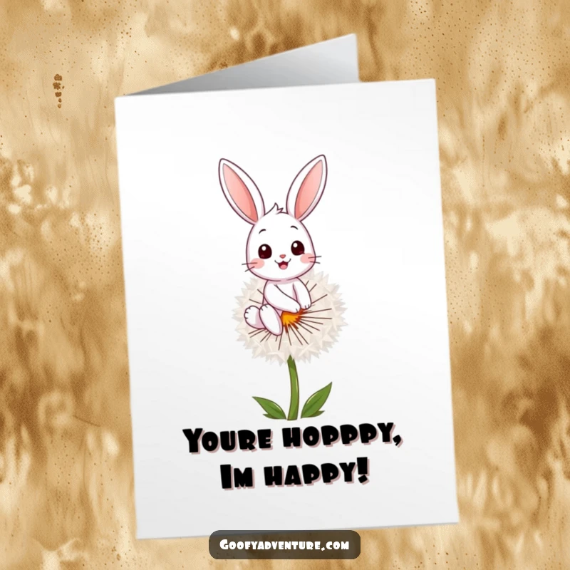 Funny Free Printable Congratulations Card: A happy bunny rides a giant dandelion seed, celebrating a new achievement with whimsical joy.
