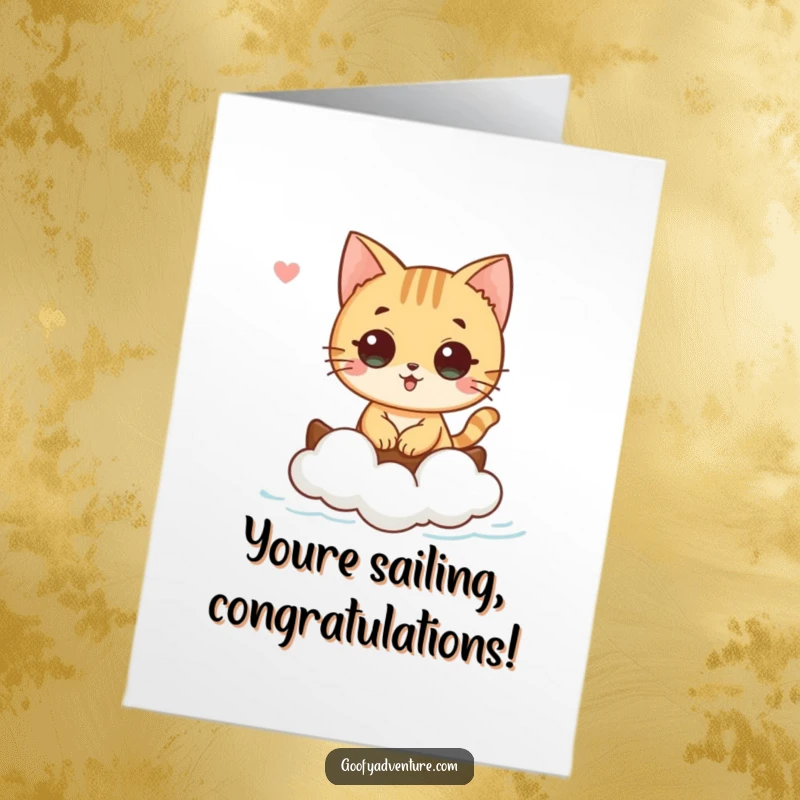Funny Free Printable Congratulations Card: A curious cat sails on a tiny cloud boat, celebrating a peaceful and wonderful success.