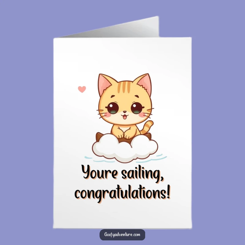 Free Printable Congrats Card: Cat on Cloud Boat, Whimsical Downloadable Gift