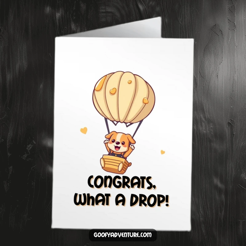 Funny Free Printable Congrats Card: Dog parachuting from a pancake hot air balloon, celebrating achievement