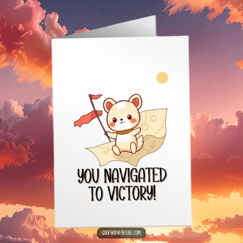 Funny Free Printable Congratulations Card featuring a kawaii animal character bravely charting a course on a giant map, marking a successful route.