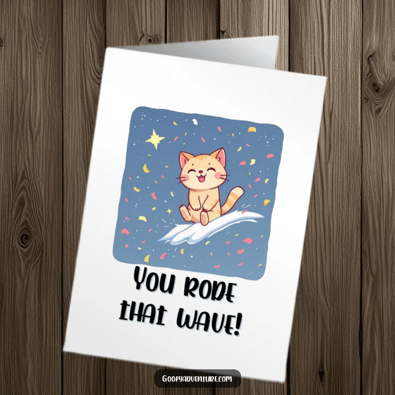 Funny Free Printable Congrats Card: Cat surfs confetti wave to starry sky, celebrating achievement