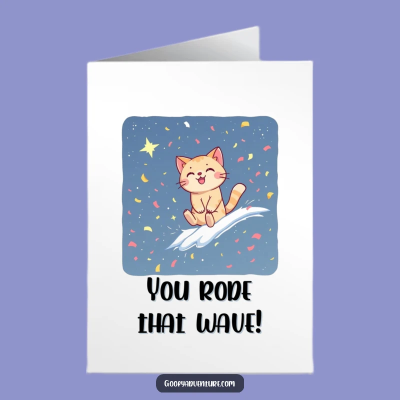 Free Printable Congrats Card: Funny Cat Wave Achievement, Starry Sky Digital Download