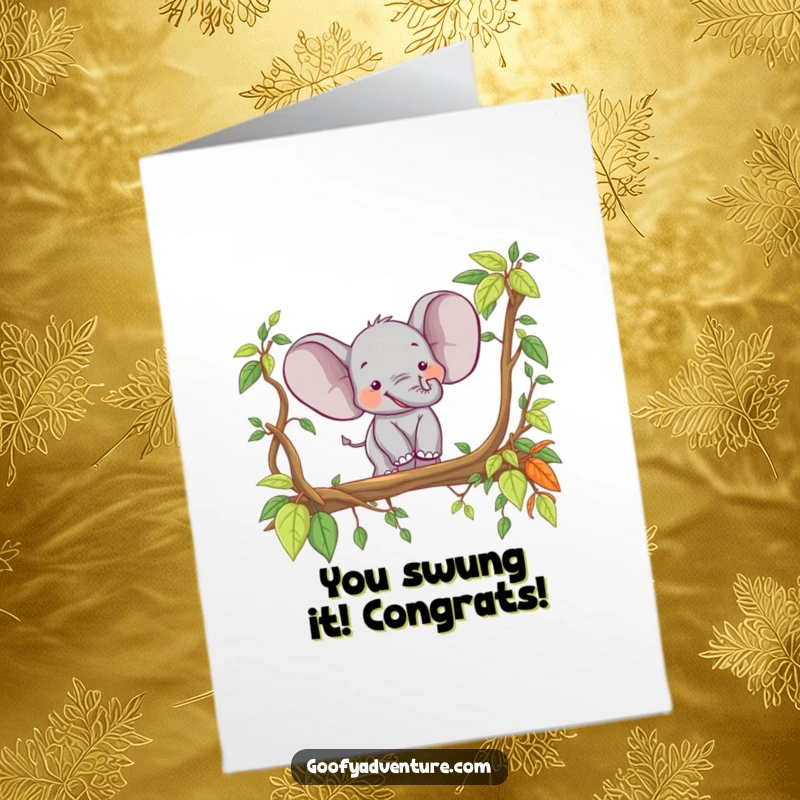 Funny Free Printable Congrats Card: Happy elephant crossing a jungle vine bridge, celebrating new beginnings with delight.