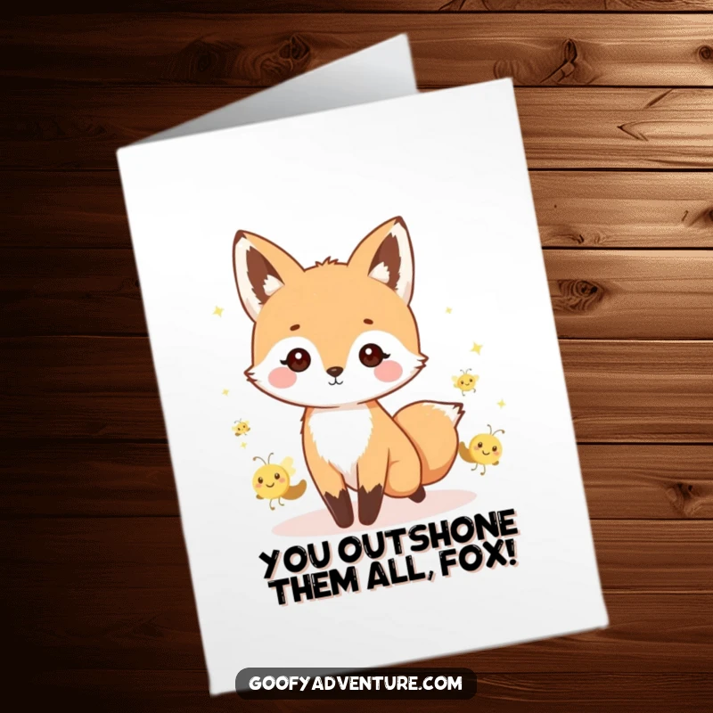 Funny Free Printable Congrats Card: A Kawaii fox leads a delightful parade of tiny, smiling fireflies, celebrating victory.