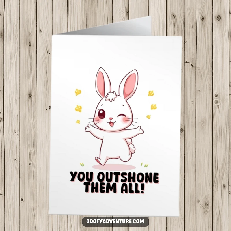 Funny Free Printable Congrats Card: An energetic rabbit plays tag with twinkling fireflies, symbolizing a successful and active pursuit.