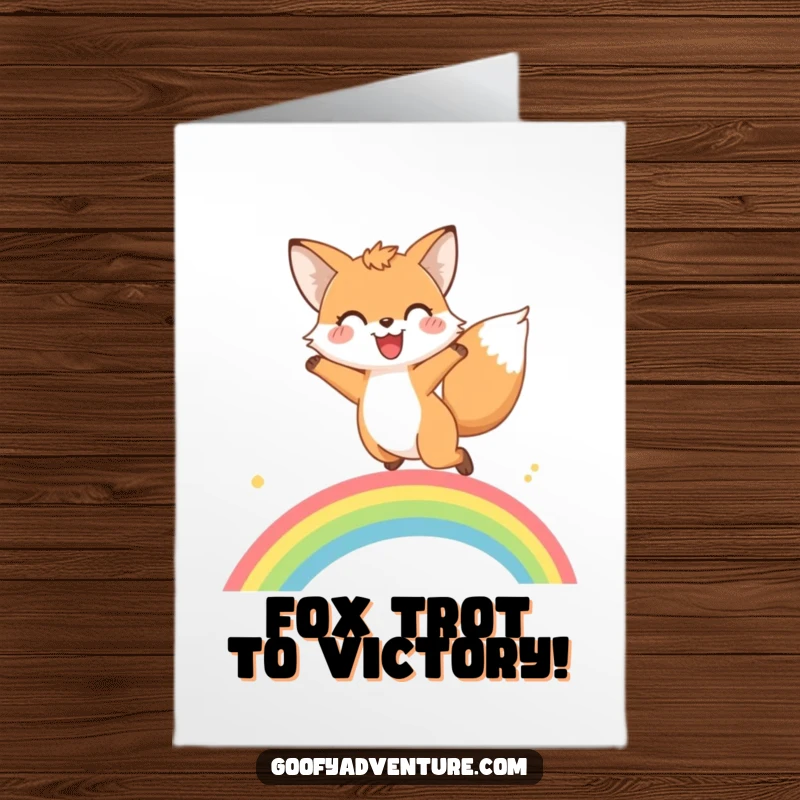 Funny Free Printable Congratulations Card: A fox in mid-leap over a bright rainbow, signifying achievement and happiness.