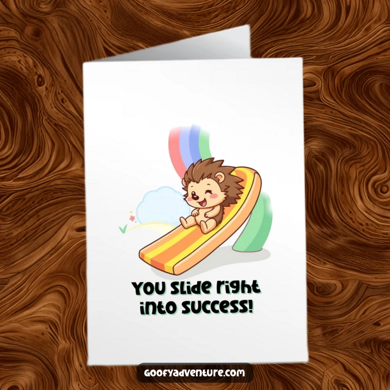 Funny Free Printable Hedgehog Congratulations Card: A happy hedgehog slides down a rainbow, symbolizing fast and fun success. Downloadable gift.