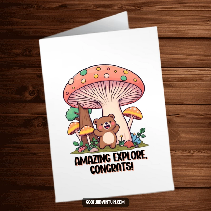 Funny Free Printable Congrats Card: Kawaii bear character gleefully exploring a vast, colorful mushroom forest, celebrating achievements.