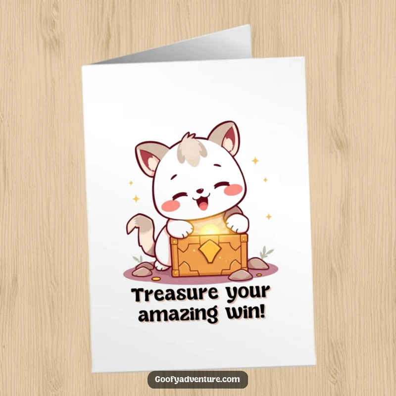 Funny Free Printable Congratulations Card: Kawaii animal delighted by a glowing treasure chest, a shiny downloadable art.