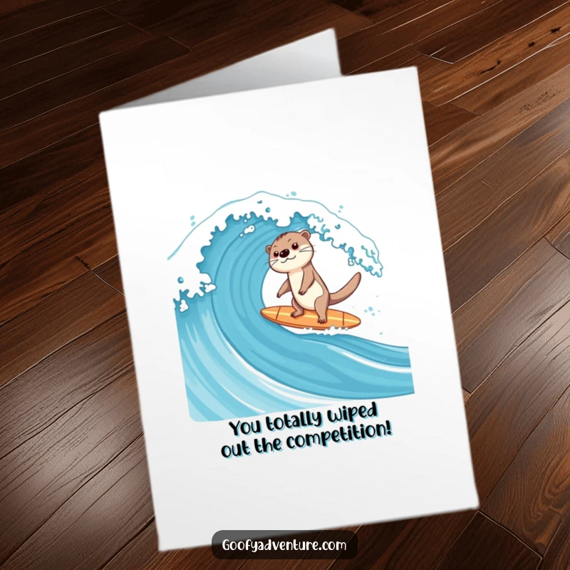 Funny Free Printable Otter Surfing a Huge Wave Congratulations Card, showing amazing balance and skill.