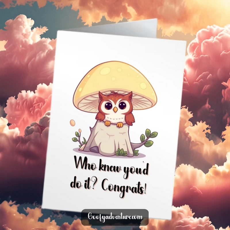 Funny Free Printable Owl peeking from behind a glowing mushroom, congratulating a discovery.