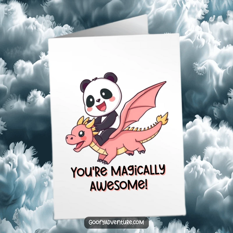 Funny Free Printable Panda on a Flying Dragon Congratulations Card, soaring joyously through a rainbow, celebrating success.
