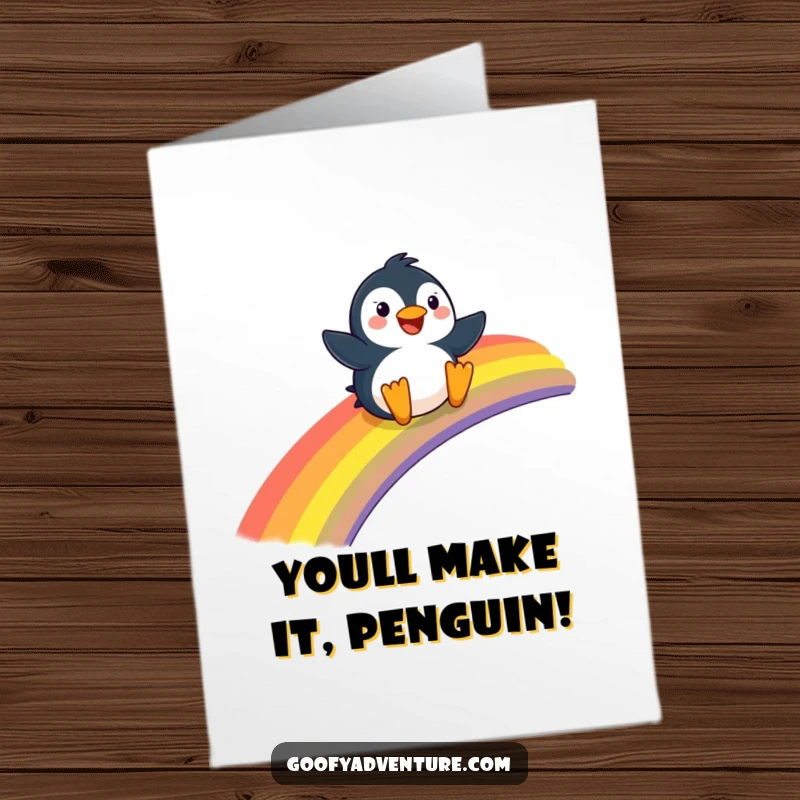 Funny Free Printable Penguin Congrats Card: Happy penguin sliding down a rainbow, celebrating success with joyful humor.
